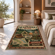 Explore More camping gear rug in a bedroom beside a window