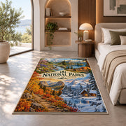 National parks through the seasons rug in a bedroom beside a window