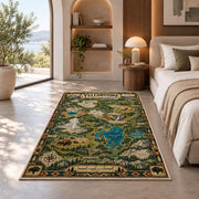 Illustrated Yellowstone park map rug in a bedroom beside a window