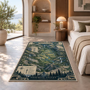 Illustrated Yosemite Valley map rug in a bedroom beside a window