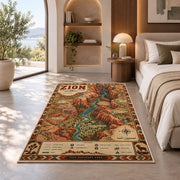 Illustrated Zion National Park map rug in a bedroom beside a window