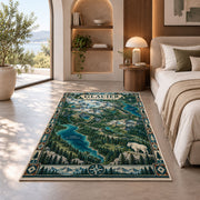 Illustrated Glacier National Park map rug in a bedroom beside a window