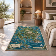 Illustrated Acadia coastal map rug in a bedroom beside a window