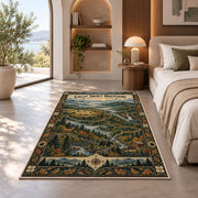 Illustrated Great Smoky Mountains map rug in a bedroom beside a window