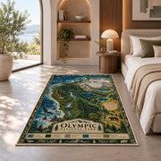 Illustrated Olympic National Park map rug in a bedroom beside a window