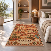 Illustrated Arches National Park map rug in a bedroom beside a window