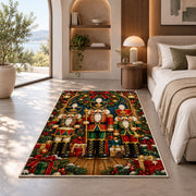 Three Nutcracker Soldiers Rug in a bedroom with an arched window