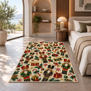 Nutcracker Pattern Christmas Rug in a bedroom with an arched window