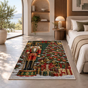 Nutcracker and Christmas Tree Rug in a bedroom with an arched window