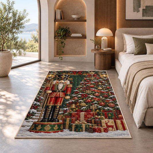Nutcracker and Christmas Tree Rug in a bedroom with an arched window