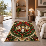 Nutcracker Wreath Christmas Rug in a bedroom with an arched window