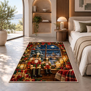 Nutcracker Window Christmas Rug in a bedroom with an arched window