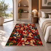 Toy Soldier Parade Christmas Rug in a bedroom with an arched window