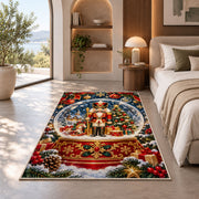 Nutcracker Snow Globe Rug in a bedroom with an arched window