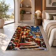 Nutcracker Snowy Cabin Rug in a bedroom with an arched window
