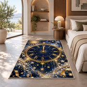 Midnight clock fireworks rug in a bedroom with an arched window