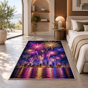 City skyline fireworks rug in a bedroom with an arched window