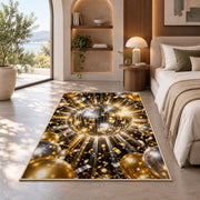 Disco ball and balloons rug in a bedroom with an arched window