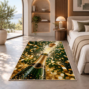 Champagne bottle pop rug in a bedroom with an arched window