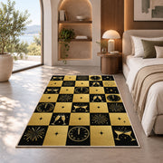 Black and gold checkered New Year rug in a bedroom with an arched window