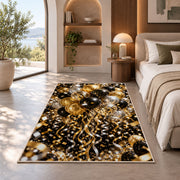 Gold and black balloons rug in a bedroom with an arched window