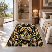 Art deco champagne toast rug in a bedroom with an arched window