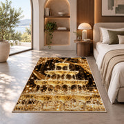 Champagne tower rug in a bedroom with an arched window