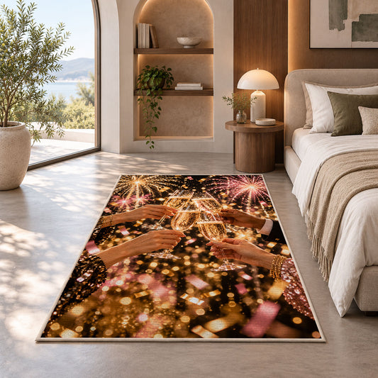 Champagne cheers rug in a bedroom with an arched window