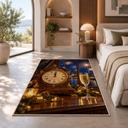 Mantel clock at midnight rug in a bedroom with an arched window