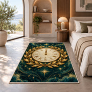 Gold laurel midnight clock rug in a bedroom with an arched window