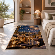 Rooftop party fireworks rug in a bedroom with an arched window