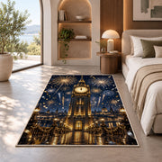 Clock tower midnight fireworks rug in a bedroom with an arched window
