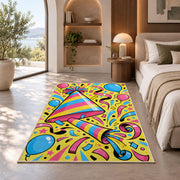 Party hat and noisemaker rug in a bedroom with an arched window