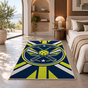 Crossed Pickleball Paddles Rug in a bedroom with an arched window