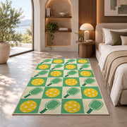 Retro Checkered Pickleball Rug in a bedroom with an arched window