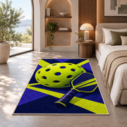 Giant Pickleball Rug in a bedroom with an arched window