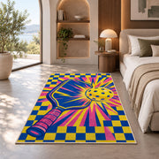 Pop Art Pickleball Rug in a bedroom with an arched window