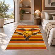 Retro Stripe Pickleball Rug in a bedroom with an arched window