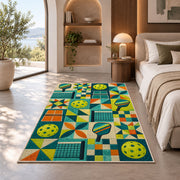 Pickleball Patchwork Rug in a bedroom with an arched window