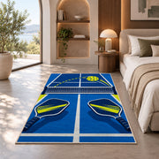 Pickleball Over the Net Rug in a bedroom with an arched window