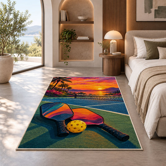 Sunset Pickleball Court Rug in a bedroom with an arched window