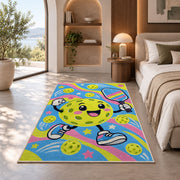 Cute Pickleball Character Rug in a bedroom with an arched window