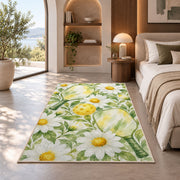 Watercolor Pickleball Daisy Rug in a bedroom with an arched window