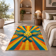 Pickleball Sunburst Rug in a bedroom with an arched window