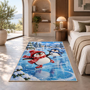 Ice Skating Penguin Rug in a bedroom with an arched window