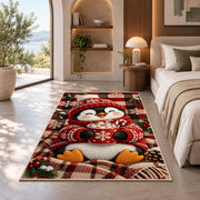 Hot Cocoa Penguin Rug in a bedroom with an arched window