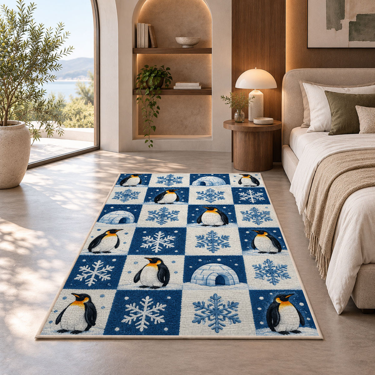 Penguin Checkered Rug in a bedroom with an arched window