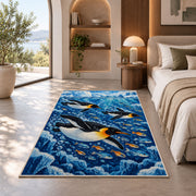Underwater Penguin Rug in a bedroom with an arched window
