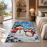 Snowman and Penguin Rug in a bedroom with an arched window