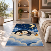 Sleeping Baby Penguin Rug in a bedroom with an arched window